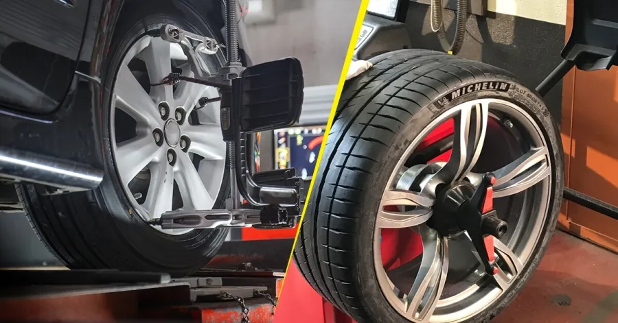 Wheel being balanced on a wheel balancing machine